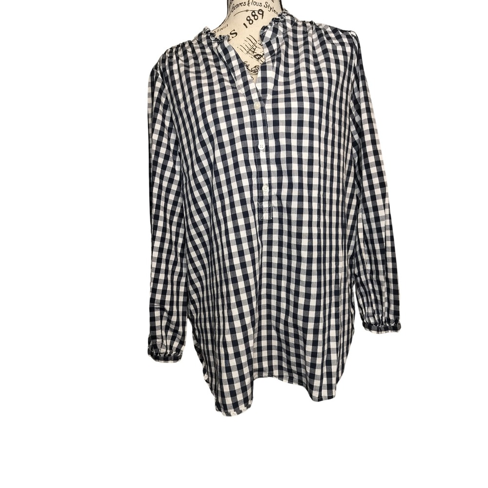J‎ Crew Navy & White Gingham Checker Ruffle Neck Long Sleeve Tunic Shirt Women L